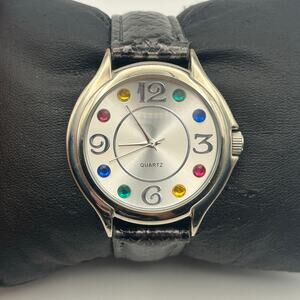 Accutime Multicolor Crystal Dial Quartz Watch Silver Tone  Black Leather Band